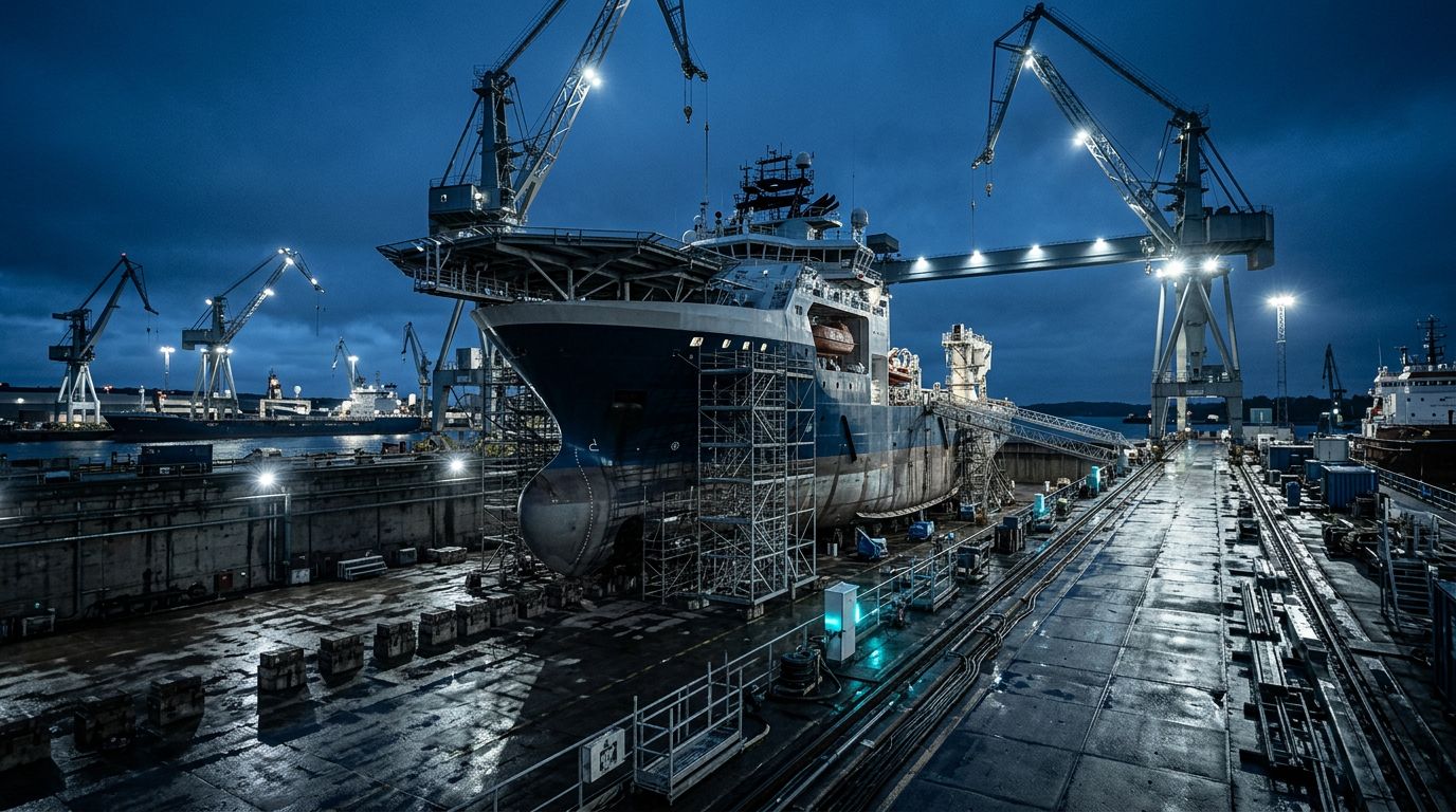 Estaleiro com embarcação offshore em docagem